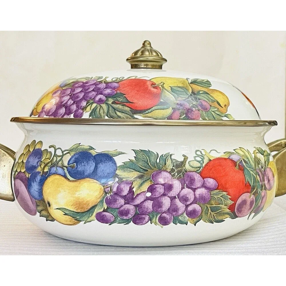 Cornucopia Enamel Dutch Oven Stock Pot 2.5 Qt Brass Handles Fruit Design